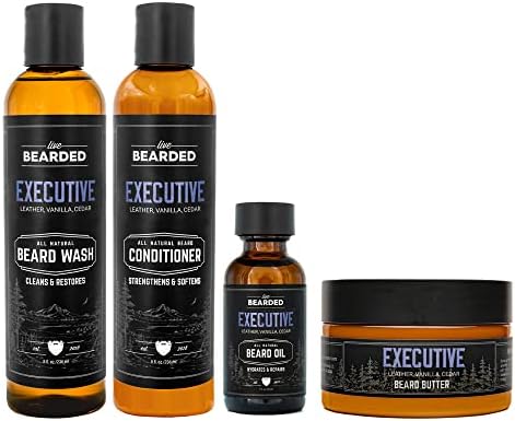 Live Bearded Complete Beard Grooming Kit, Made in the USA with All-Natural Ingredients - Beard Wash, Conditioner, Beard Butter & Beard Oil Kit - Mens Beard Grooming Set, in Scent Executive, Vanilla