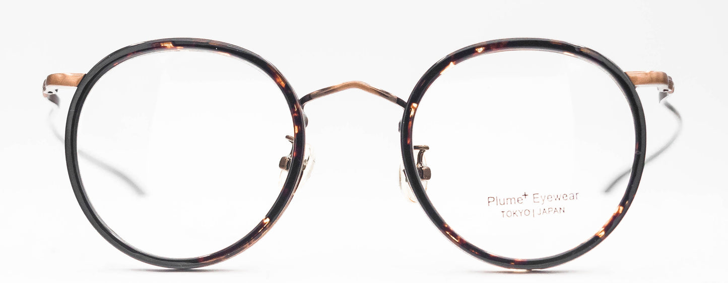 plume+ 90026 optical eyewear glasses round shape vintage inspired classic traditional combination acetate plastic stainless steel frame unisex tortoise brown bronze front