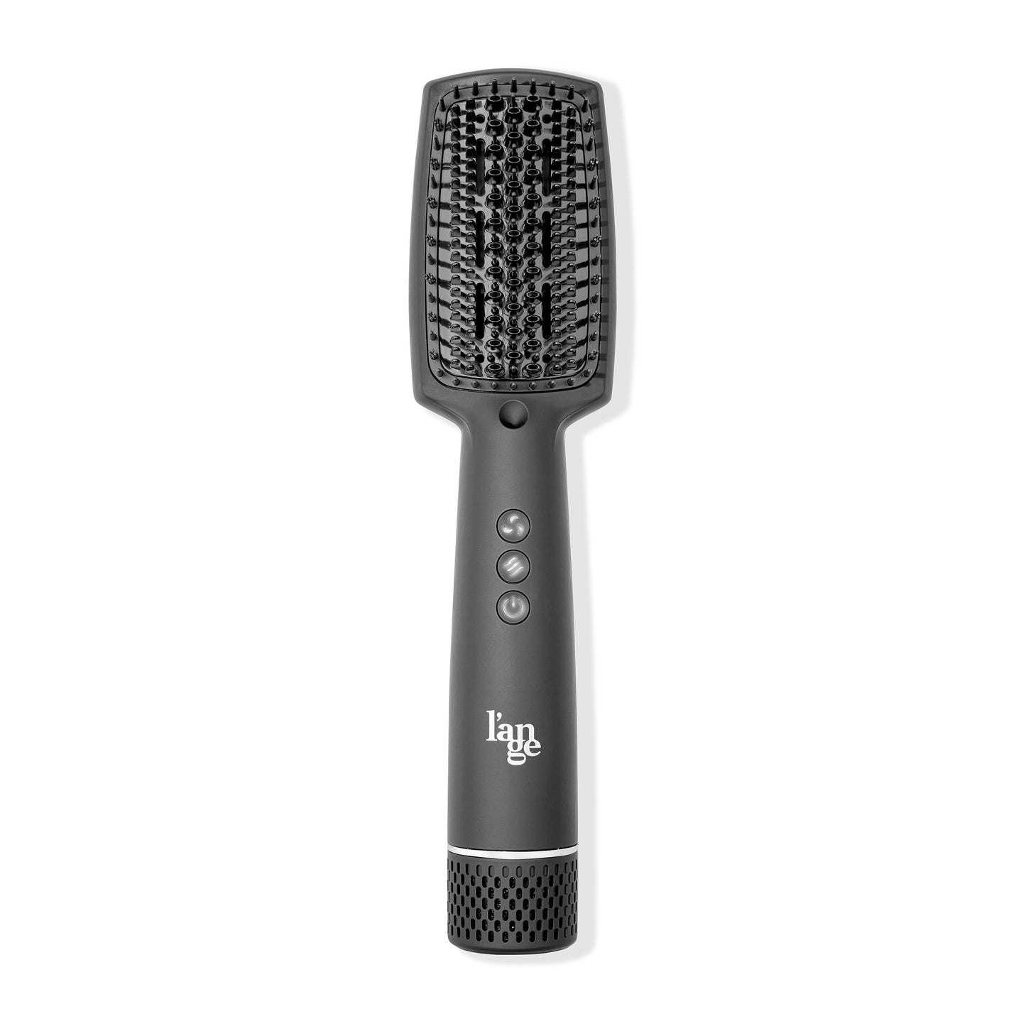 Black 2-in-1 Straightening Blow Dryer Brush with hollow center bristles and Soft touch finish handle