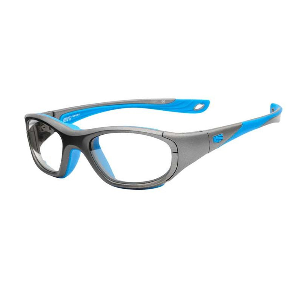 Liberty Sport Rec Specs Impact RS-40 frame in Matte Grey/Cyan angled view