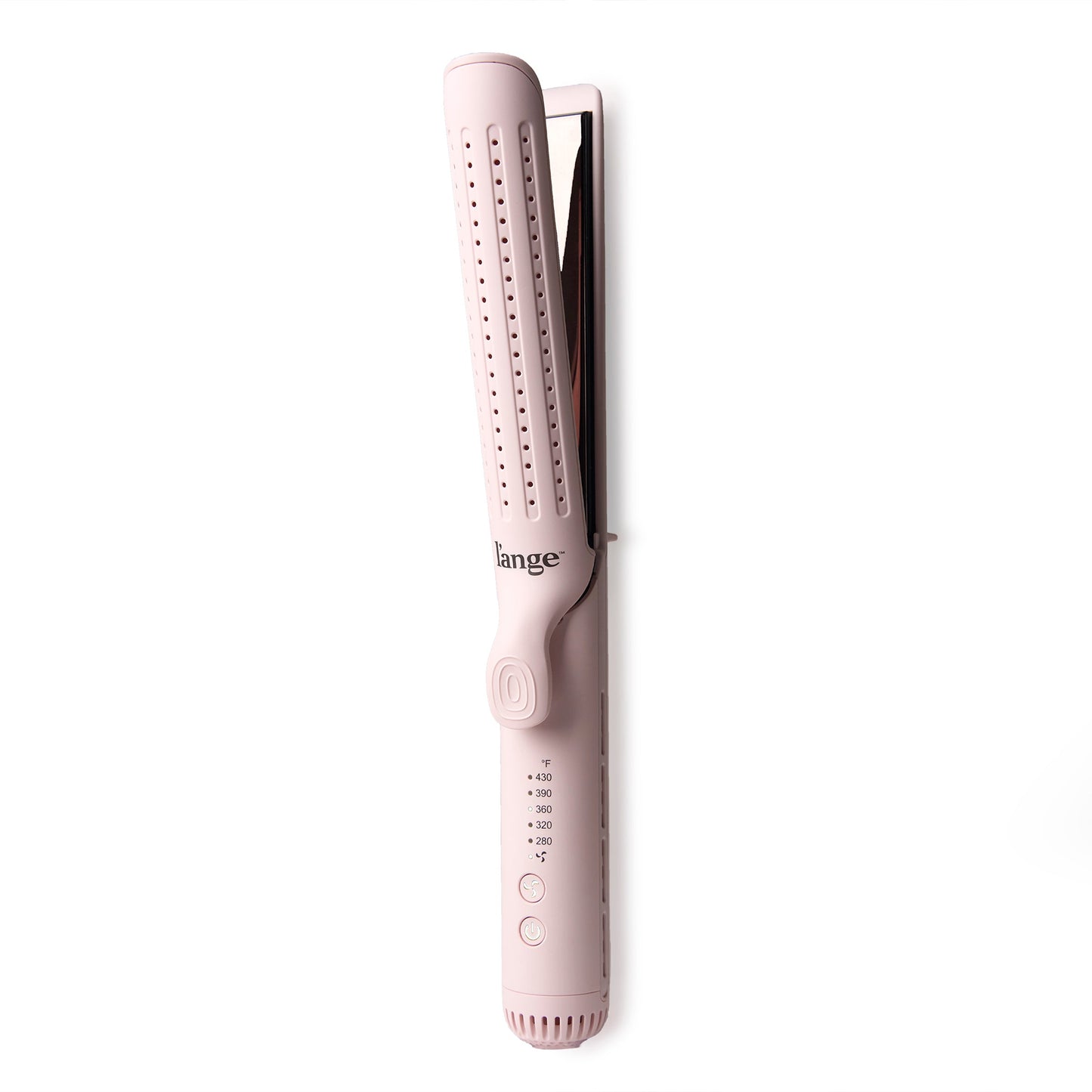 The blush Le Duo Grande is open & stands vertically, showing cooling vents, temperature range & more.