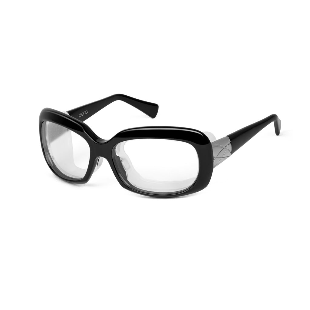 Ziena Oasis – Glossy Black Frame with Frost Eyecup and Clear Lens profile view