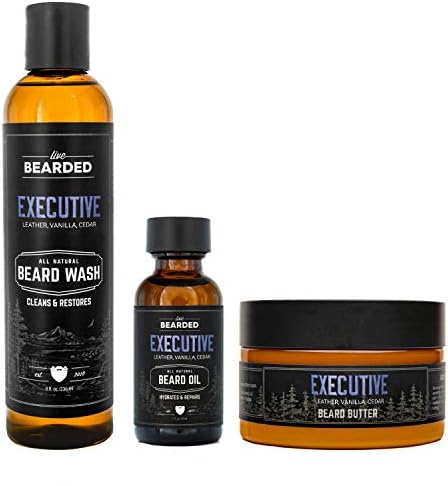 Live Bearded: 3-Step Beard Grooming Kit - Executive - Beard Wash, Beard Oil and Beard Butter - All-Natural Ingredients with Shea Butter, Jojoba Oil and More - Beard Growth Support - Made in The USA
