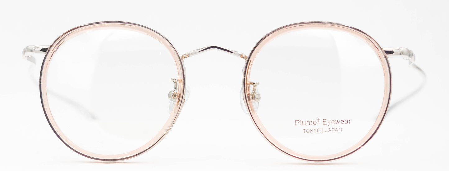 plume+ 90026 optical eyewear glasses round shape vintage inspired classic traditional combination acetate plastic stainless steel frame unisex pink crystal shiny silver lightweight thin comfortable clean minimalist