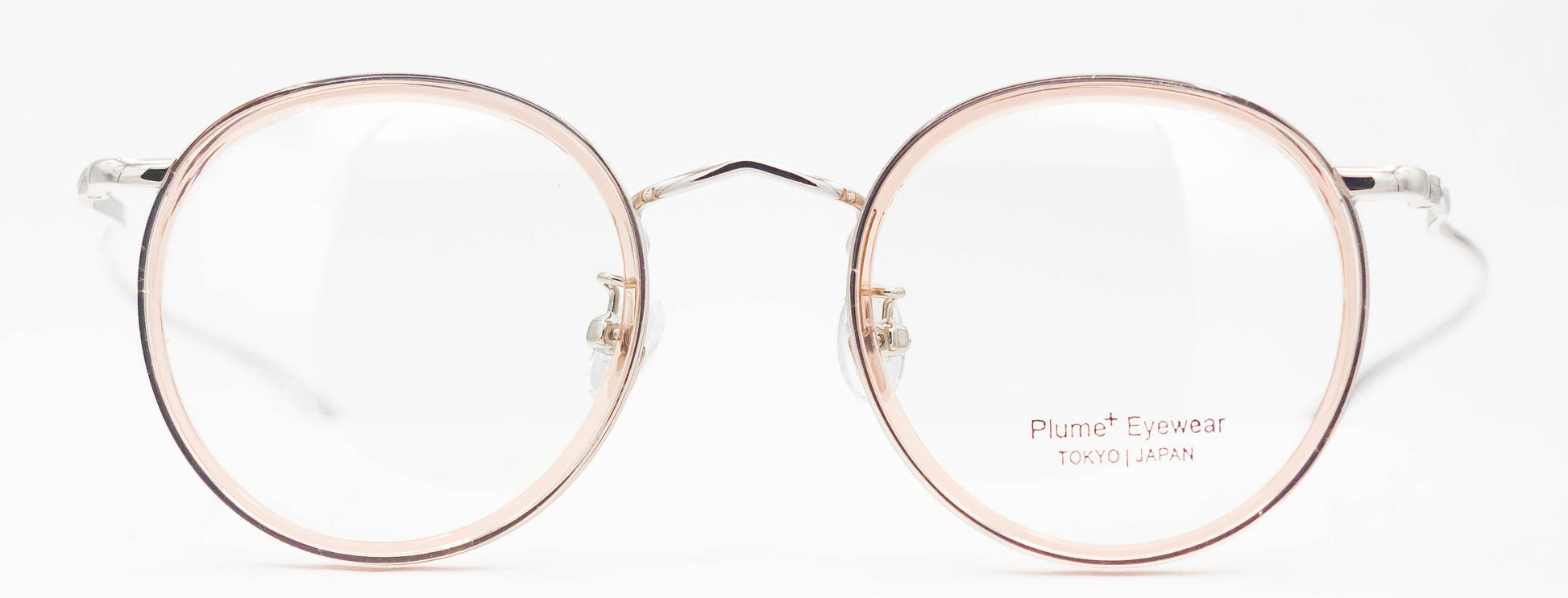 plume+ 90026 optical eyewear glasses round shape vintage inspired classic traditional combination acetate plastic stainless steel frame unisex pink crystal shiny silver lightweight thin comfortable clean minimalist