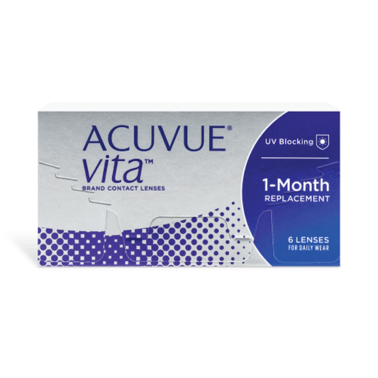 Acuvue Vita contact lens johnson silicone hydrogel comfort affordable oxygen breathable monthly replacement UV blocking on eye cornea crisp clear vision monthly replacement lens
