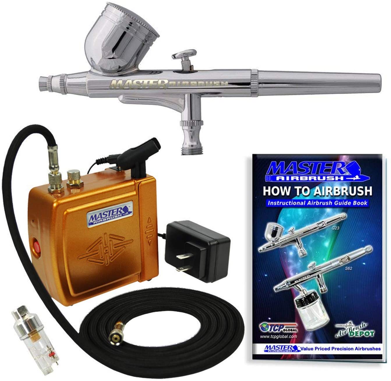 Master Airbrush Multi-Purpose Gold Airbrushing System Kit with Portable Mini Air Compressor