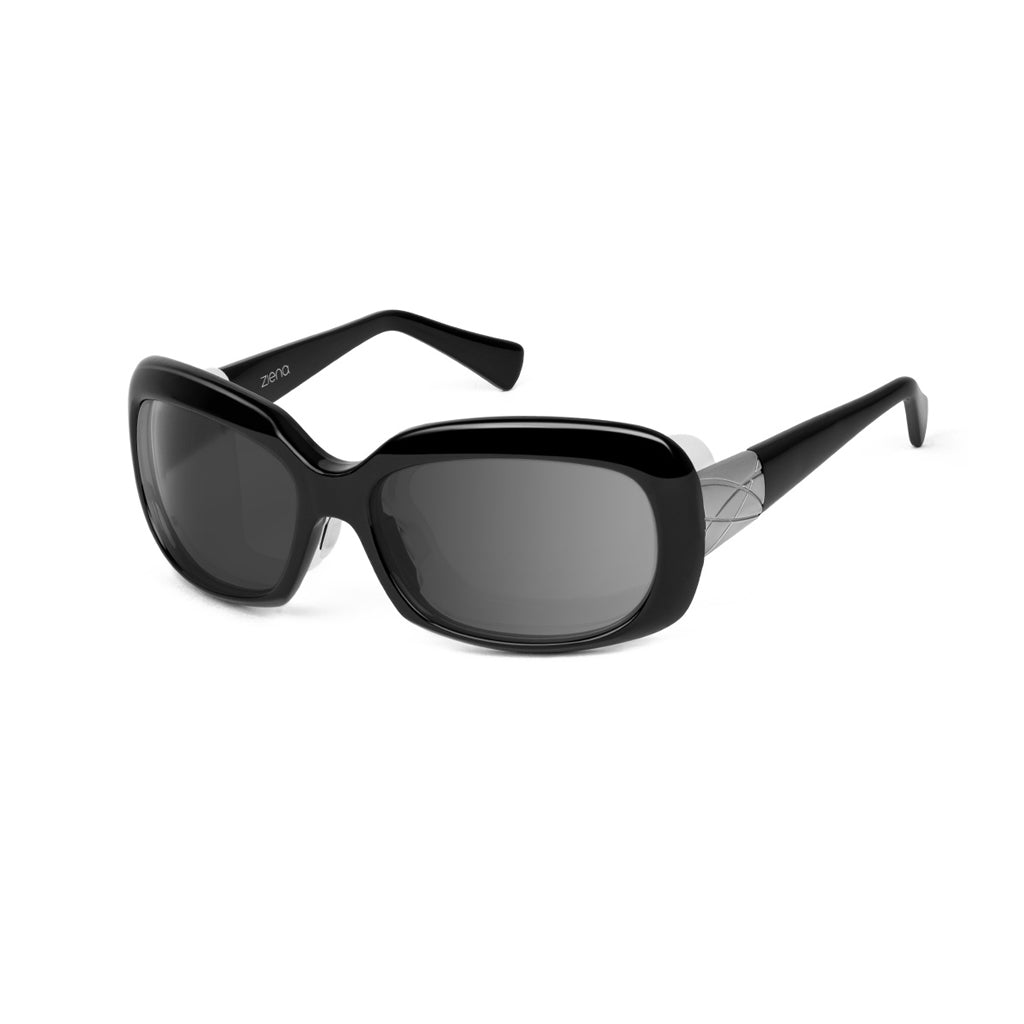 Ziena Oasis in Glossy Black Frame with Frost Eyecup and Grey Lens profile view